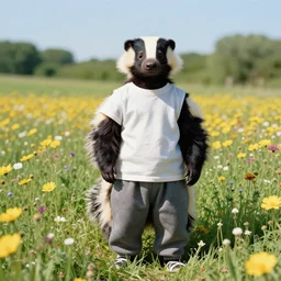 a skunk with a humanoid body wearing a t-shirt and sweat pants, field of flowers, sunny day, summer, film still