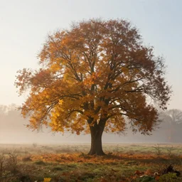 shot in 7 0 mm, daydream, rustic autumn trees in the countryside, textured 3 d, intense detail, hyperealism, foggy morning, sun shines upon it, 4 k