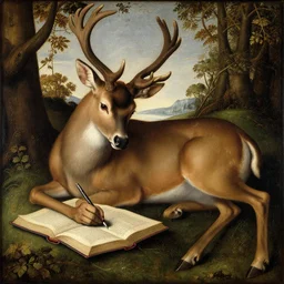 renaissance painting of a deer writing a book, detailed