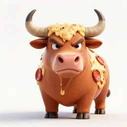 a pizza bull animal, big horns, pepperoni on its back, melted cheese, angry look, legendary, artstation, 8 k cinematic