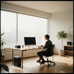 kodak portra 4 0 0 photographic and realistic, a modern room large windows with a clean desk, nothing on the desk except for a desktop computer, detailed, a professional writer sitting at the desk, octane render, unreal engine, 4 k, artstation, hyper realistic, wide angle, 3 5 mm, sharp focus, warm light, in the style of greg rutkowski