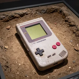 ancient fossilized nintendo game boy found in archaeological dig, on display in a museum, national geographic photo