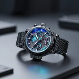 exquisite 3 d render of a cyberpunk watch lying on a table, minimalist design, high detail, sharp focus, iridescent glass, carbon fiber, glowing interior components, intricate detail, depth of field, bokeh, cinematic lighting and composition, octane render, film grain