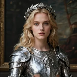 beautiful rugged thick sultry saoirse ronan, blonde hair, wearing silver armour, ornate silver wreath, oil painting by titian, hard focus, masterpiece