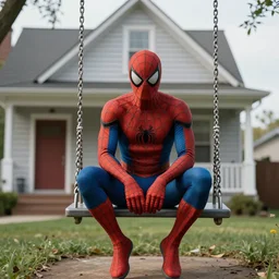 Spiderman sad sitting in on a swing in front of his home, 8k