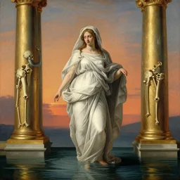 A woman wrapped in billowing veils in water under two gilded Roman columns made of human bones, sunset, baroque painting