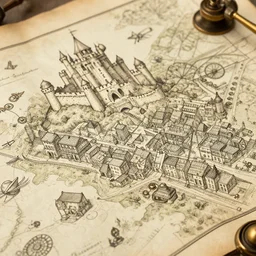 close up of steampunk town map with drawings on it of a castle and buildings