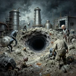 airbrushed awful mold overrun in black hole frack factory by wayne d barlowe, jack kirby, kelly freas, donato giancola, geof darrow, alex ross, basil gogos, philippe druillet, fine art masterpiece baked at 3 0 0 f, matte painting, cold lighting, aged with sunlight, award winning horror, photorealistic render, cinematic