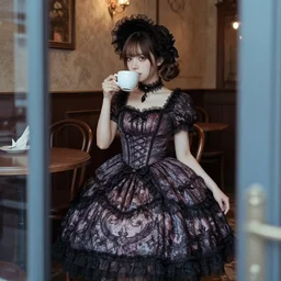 full body portrait photo of reol wearing a elegant gothic dress, open top, wearing a chocker and cute hat, drinking coffee in a victorian cafe interior, dim lighting, moody, realistic, intricate and detailed, dark, skin tinted a warm tone, light blue filter, hdr, lomography