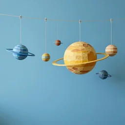 a kinetic sculpture of solar system hanging from horizontal line, blue room, papier - mache