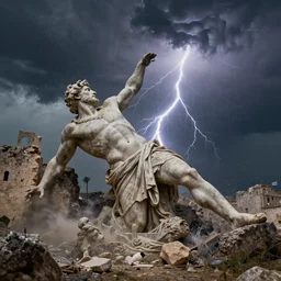the colossus of rhodes collapsing during a thunderstorm ,Wadim Kashin, artgerm,  XF IQ4, f/1.4, ISO 200, 1/160s, 8K, RAW, featured in artstation, octane render, cinematic, elegant, intricate, 8k