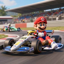 mario kart next to a 1 9 5 8 aston martin dbr 1 in forza motorsport, by forza motorsport, in the style of forza motorsport ( game ), professional high quality 4 k render tight action shot heart pounding intense lighting