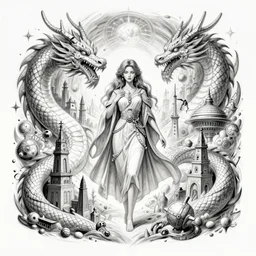 a sketch drawing, ultra detailed, mystical travel, magic, universe, beautiful woman, surreal city, dragon, trending on artstation