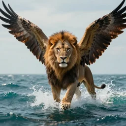 A lion with eagle wings coming out of the sea , digital Art, Greg rutkowski, Trending artstation, cinematographic, hyperrealistic