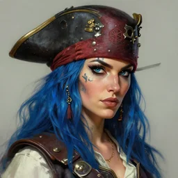 a detailed portrait of a woman pirate with blue hair and a tattoo on her face, by justin gerard, digital art, realistic painting, dnd, character design, trending on artstation