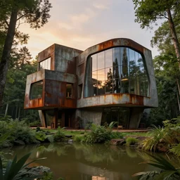 a luxury house of brutalist architecture surrounded by lush green forest and murky ponds of water stunning volumetric lighting sunset rusted steel smooth concrete glass windows stunning skies artstation 8 k photorealistic finely detailed unreal engine imax quality cinematic epic in the style of doom by greg rutkowski