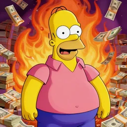 A psychedelic portrait of very obese laughing and fat homer simpson background: burning stacks of money, vibrant color scheme, highly detailed, in the style of romanticism, cinematic, artstation, Moebius, Greg rutkowski
