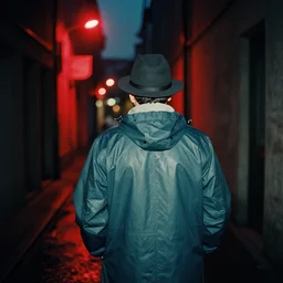 analog photograph of a man from the back wearing a raincoat and a hat in an long alley at night by mark owen. red lights. bokeh. cinematic. hq. detailed. contrast. cinestill 8 0 0 t