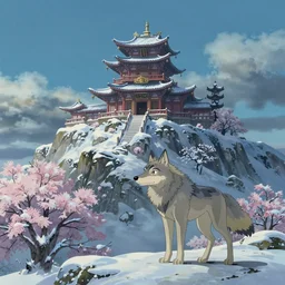 a wholesome animation key shot, wolf themed temple on the top of a mountain!! winter, smow, studio ghibli, pixar and disney animation, sharp, rendered in unreal engine 5, anime key art by greg rutkowski, bloom, dramatic lighting, volumetric lighting!!