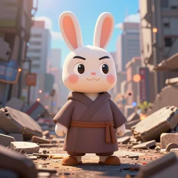 Sophisticated digital 16-bit PG-13 anime Tommy Pickles with pet Rabbit and a long robe standing among the rubble of a ruined city at noon, gaussian blur, city reflections, 88mm lense, lense flare, fire particles in front, depth of field, close up, rim lights.