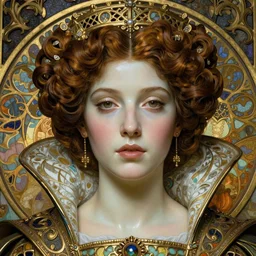 beautiful medieval queen face centered portrait, artwork by james jean and alphonse mucha, hyperdetailed realistic smooth polished porcelain, jean delville, art nouveau, iris van herpen, gustav klimt, ornate gothic icon with heavy patina, james jean, ultrasharp hyperdetailed photorealistic octane render