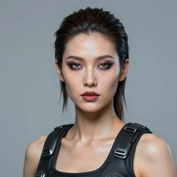 ultra realistic painted sculpture of a beautiful cyberpunk woman. waxwork. cinematic makeup. detailed lifelike