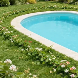 flowers and vines creep in a field with a majestic swimming pool