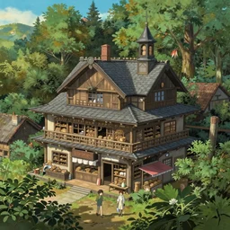 concept art painting of a historic bakery with european and japanese architecture, in a woodland village surrounded by trees, realistic, detailed, cel shaded, in the style of makoto shinkai and greg rutkowski and james gurney