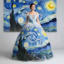 Stunning photograph of a model wearing magnificent and ethereal ball gown inspired by Van Gogh's Starry Night. Studio lighting