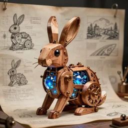 mechanical rabbit, steampunk design, made of woods. The rabbit is powered up by blue glowy cristals in his body. Art by Leonardo da Vinci, drawn projects on paper, instructions to build it