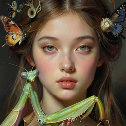 detailed realistic beautiful mantis goddess face portrait by jean delville, gustave dore, iris van herpen and marco mazzoni, art forms of nature by ernst haeckel, art nouveau, symbolist, visionary, gothic, neo - gothic, pre - raphaelite, fractal lace, intricate alien botanicals, ai biodiversity, surreality, hyperdetailed ultrasharp octane render