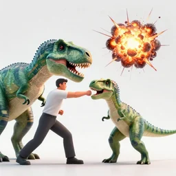 a human punching with his right arm at a green tyrannosaurus rex creating a nuclear bomb explosion, 3 d, dynamic lighting, vivid imagery