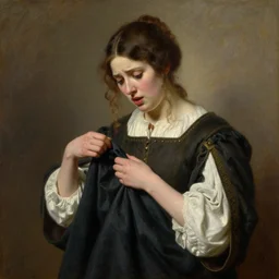 painting by Edmund Blair Leighton of a confused beautiful young woman in medieval clothes, looking down at her clothes,  confused expression, pulling her clothes, 4k oil on linen by Edmund Blair Leighton, soft lighting 8k resolution
