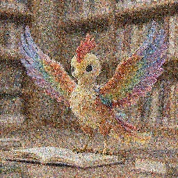 a cute adorable phoenix fledgling learning to read in a library #Realism