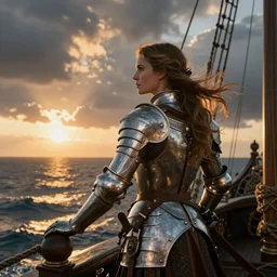 portrait of a ship on the sea with a medieval woman ship pilot from behind, dramatic golden sunset with storm clouds, wearing shiny breastplate, dynamic lighting, hyperrealistic, artstation