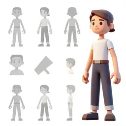 character sheet on the t position, all angles, model sheet, pax and ps 1 low poly character