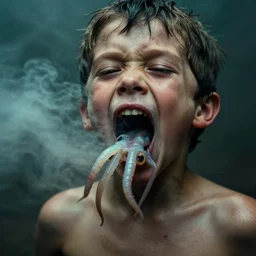 realistic portrait photography of man 3 5 years old mouth open, eels worms squid coming out of the mouth, cinematographic, cinematic light, grainy image, intense, a bit of smoke and fog around, filth and grim, close up view, 8 0 mm lens,