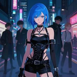 digital illustration of cyberpunk pretty girl with blue hair, wearing a black dominatrix outfit, in city street at night, by makoto shinkai, ilya kuvshinov, lois van baarle, rossdraws, basquiat