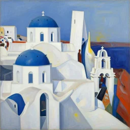 a painting of abstract buildings like santorini by zaha hadid and yves tanguy and aaron horkey