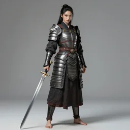 full body portrait of a barefoot female vampire warrior by guweiz, feet, barefoot, heavy plate armor, two - handed sword, lithe, athletic, face, beautiful face, detailed, realistic, historical asian armor, anatomically accurate, guweiz, z. w. gu on artstation, 4 k.