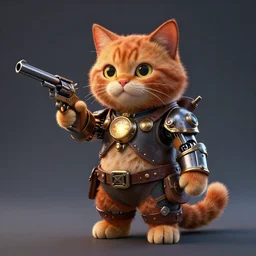 anthropomorphic ginger cat, steampunk, revolver, cyborg, glowing, 3 d render.