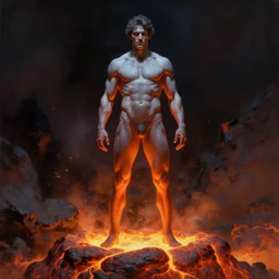 Fatherly protection, full body, cold lighting, textured skin, high cheekbones, man, standing on top of a lava pool by Frank Frazetta, by Artgerm