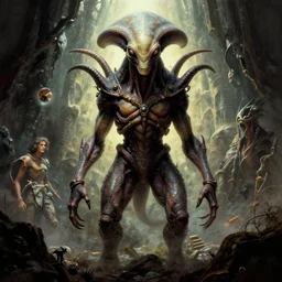 exquisite imaginative alien creature poster art, movie art, by lucusfilm, weta studio, tom bagshaw, james jean, frank frazetta, 8 k, denoised