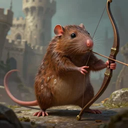 closeup 2 8 mm anthropomorphic scout rat using a bow in a castle, d & d, fantasy, intricate, action pose, particle effects, highly detailed, digital painting, artstation, concept art, matte, sharp focus, volumetric lighting, illustration, hearthstone, art by artgerm, wlop, craig mullins, alphonse mucha