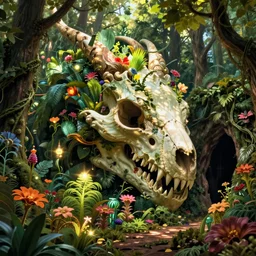an overgrown forest, gigantic dragon dragon head skull, full of glowing plants and vividly colored flowers, with warm light dappled through the leaves, and a vine-covered cave entrance in shadow, Wadim Kashin, in Peter Elson color scheme, featured in artstation, octane render, cinematic, elegant, intricate, 8k