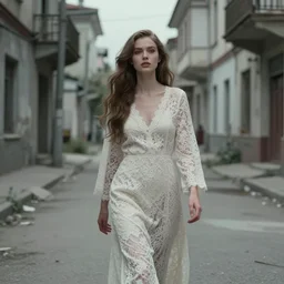 cinestill 5 0 d wide portrait of a dreamy dystopian beautiful woman by annie liebovitz walking in a decrepit communist street, long hair, wearing long lace, elegant, highly detailed, pale eink matt, soft blur, artstation, sharp focus, head in focus