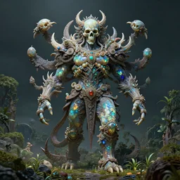 ancient giant dead god made entirely of opal in desolate and lush landscape, moody, :: by James Jean, Jeff Koons, Daniel Merrian :: ornate, dynamic, particulate, rich colors, intricate, elegant, highly detailed, centered, artstation, smooth, sharp focus, octane render, 3d