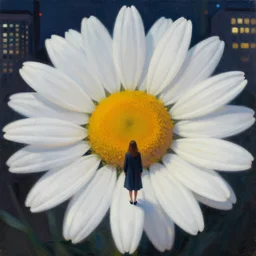 closeup, gigantic daisy flower head, woman in modern city, surreal photography, night light, dark, impressionist painting, digital painting, artstation, simon stalenhag