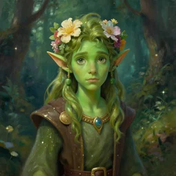 A green skinned male elf with flower hair, young noble, scholar, clad in robes, curious, forwards facing, centered, fantasy concept art, beautiful, mystical eyes, magical lighting, mystical, shimmers, nature, oil painting, forest background
