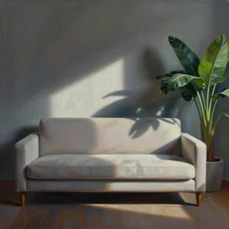a painting of a sofa and a plant in the style of Alon Braier